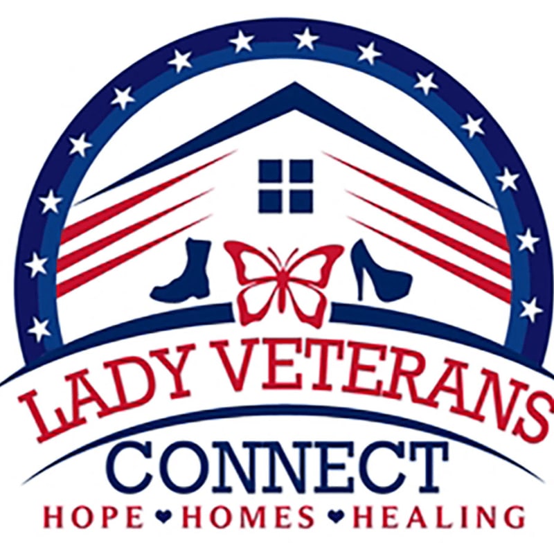 A logo for "Lady Veterans Connect" features a house silhouette with patriotic stripes and stars in the background, while the foreground displays a butterfly, a boot, and a high-heeled shoe.