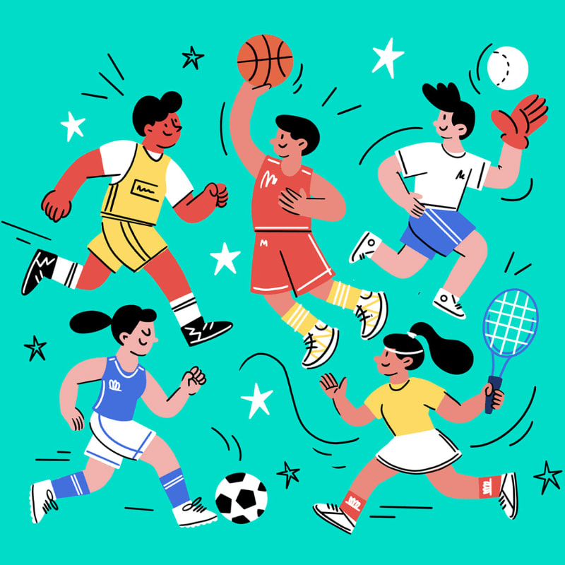 Five cartoon children in athletic wear play various sports like basketball, soccer, and tennis against a teal background with white stars.