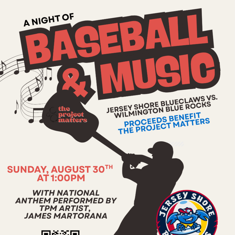 A baseball player swings a guitar in the foreground against a background of musical notes and event details for a "Night of Baseball & Music."