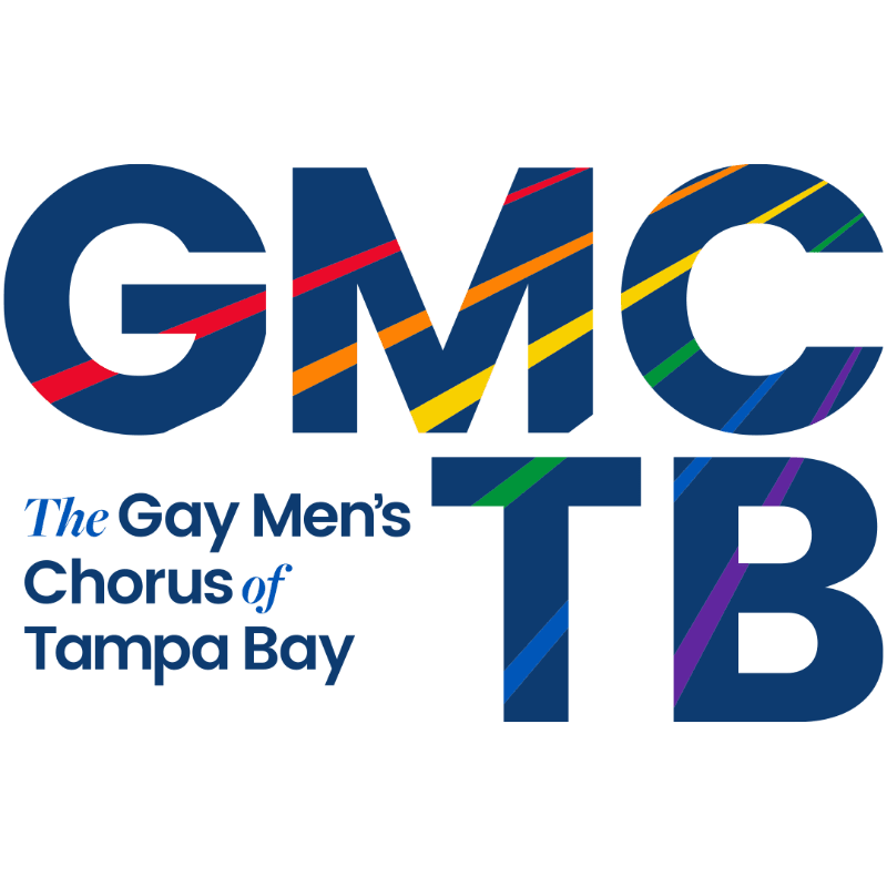 Large blue letters spelling "GMCTB" with rainbow stripes fill the foreground, while the text "The Gay Men's Chorus of Tampa Bay" appears in smaller blue font to the left.