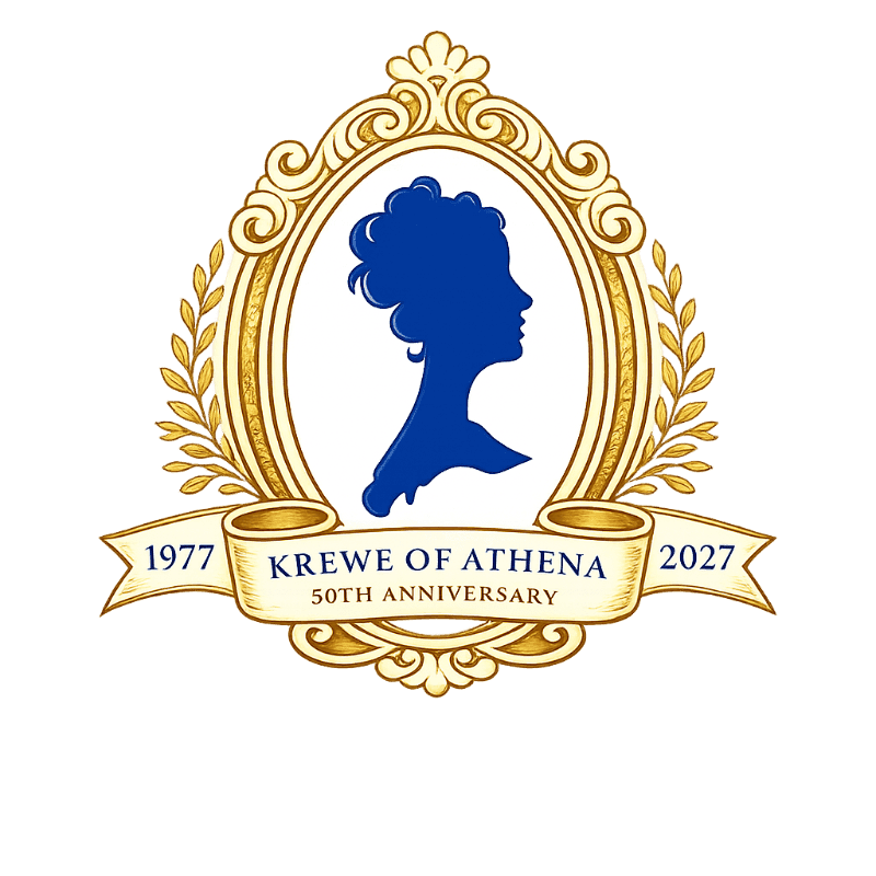 A blue silhouette of a woman's profile is framed by an ornate gold oval and laurel leaves, with a banner below reading "KREWE OF ATHENA 50TH ANNIVERSARY" and the years "1977 2027" on a white background.