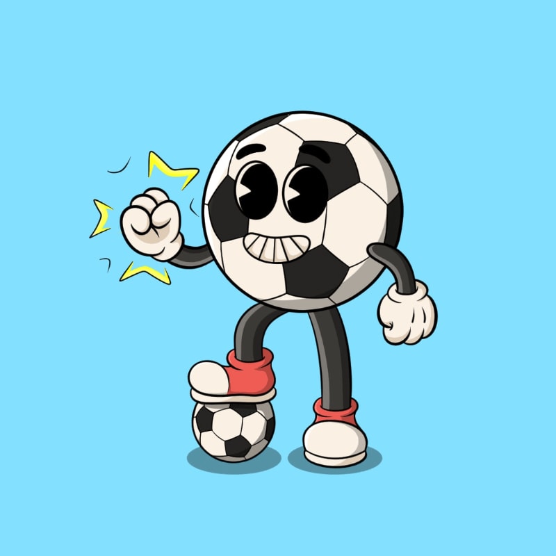A cartoon soccer ball with a smiling face and arms stands on a smaller soccer ball against a solid blue background.