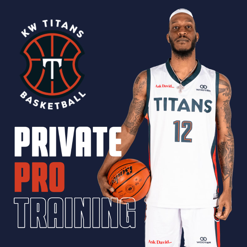 A basketball player in a white and teal uniform stands holding a basketball in the foreground, with the KW Titans Basketball logo and "PRIVATE PRO TRAINING" text on a dark blue background.