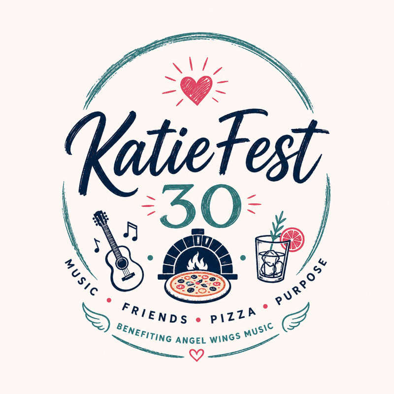 A circular logo for "KatieFest 30" features a pizza oven and a drink in the foreground, with musical notes and wings, all set against a light background.