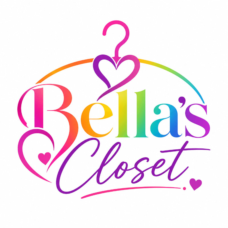 A colorful logo for "Bella's Closet" features a stylized hanger with a heart at the top, set against a white background.