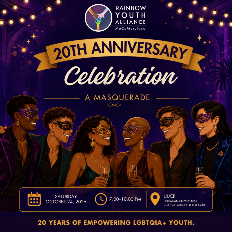 Six diverse individuals in masquerade masks and formal attire are smiling and holding champagne glasses in the foreground, while the background features a purple gradient with golden stars and a banner announcing the Rainbow Youth Alliance's 20th Anniversary Masquerade Celebration.