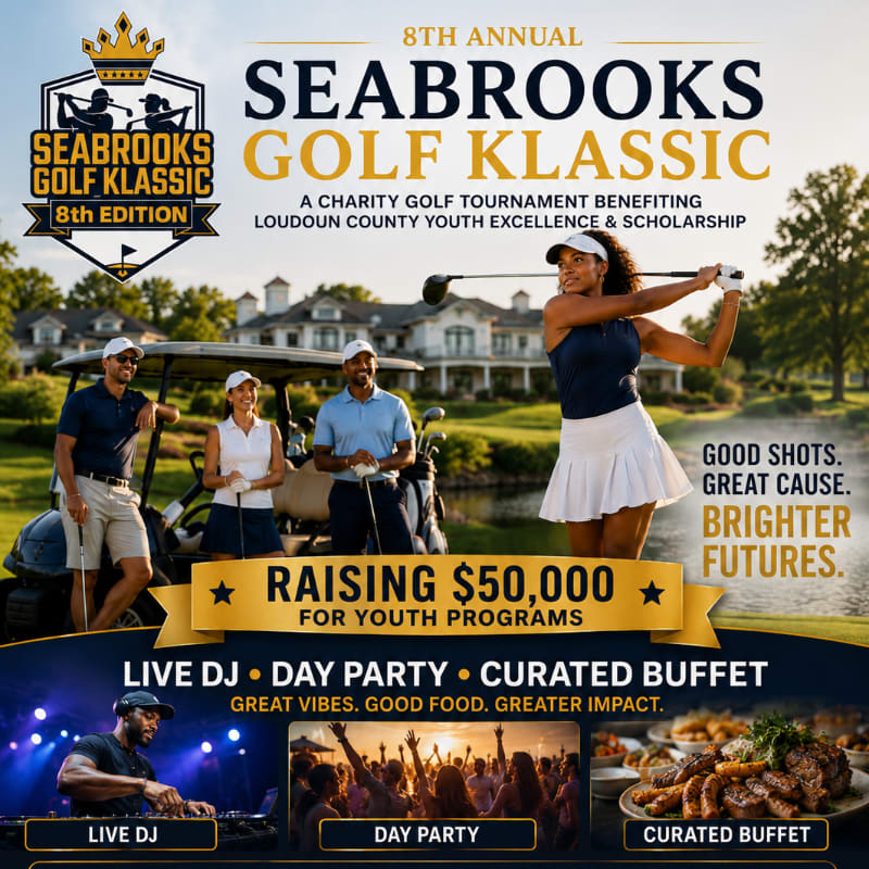 A female golfer swings her club in the foreground with a golf cart and other golfers behind her, while the background features a large building and trees, all under the banner of the 8th Annual Seabrooks Golf Klassic.
