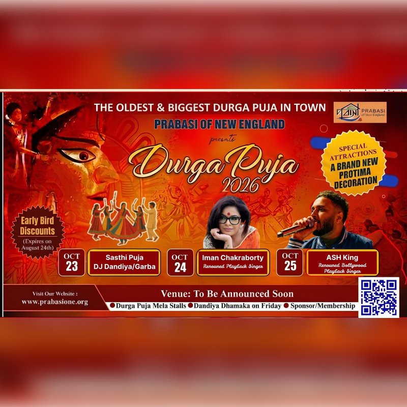 A vibrant Durga Puja poster features a large illustration of the goddess in the background, with performers and singers advertised in the foreground.