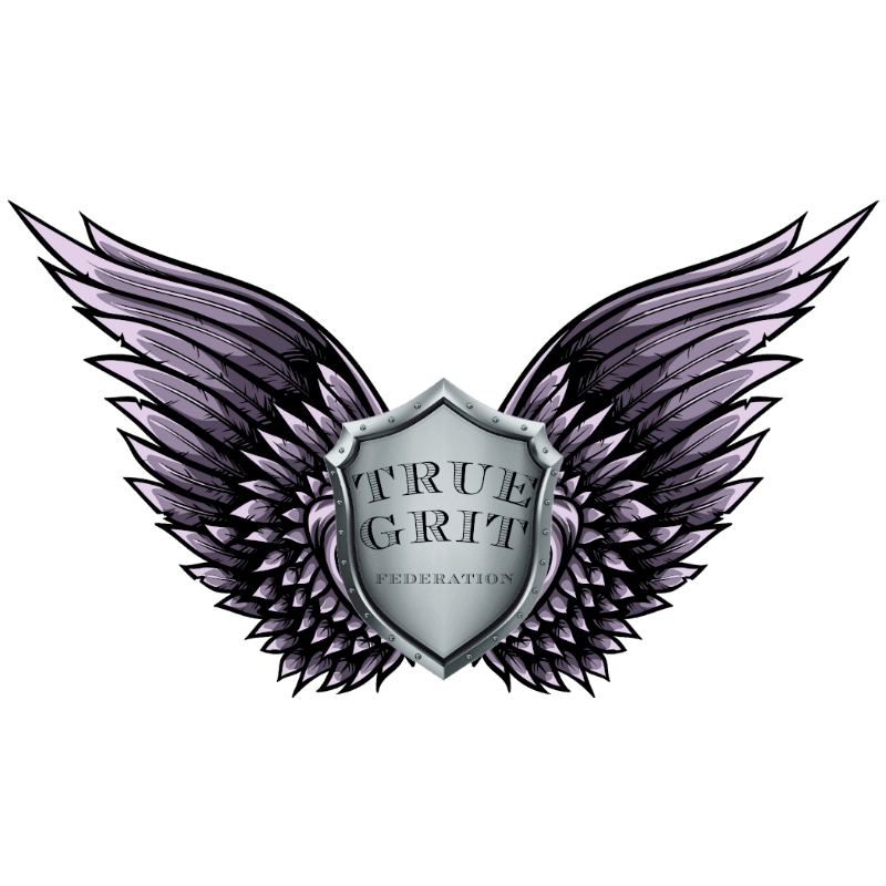 A silver shield with "TRUE GRIT FEDERATION" inscribed on it is flanked by large, feathered wings against a white background.