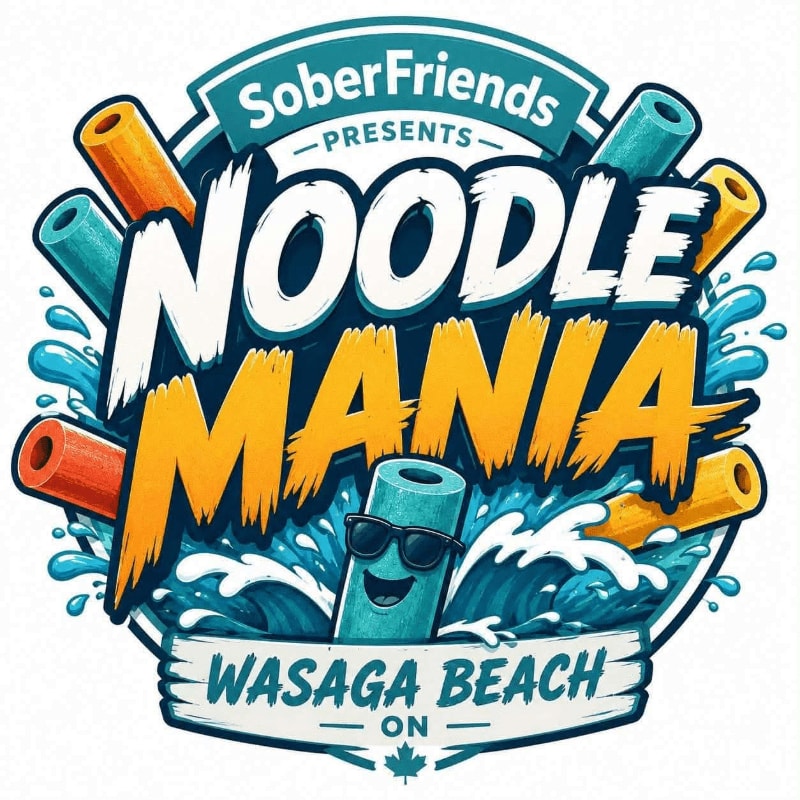 Colorful pool noodles surround a smiling noodle wearing sunglasses in the foreground, with "Noodle Mania" and "Wasaga Beach" text in the background.