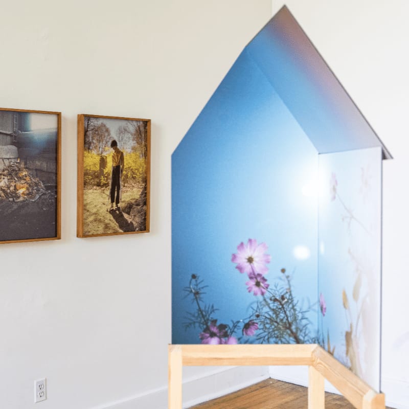 A miniature house-like structure with a floral sky wraps around a corner, with two framed photographs of outdoor scenes hanging on the white wall behind it.