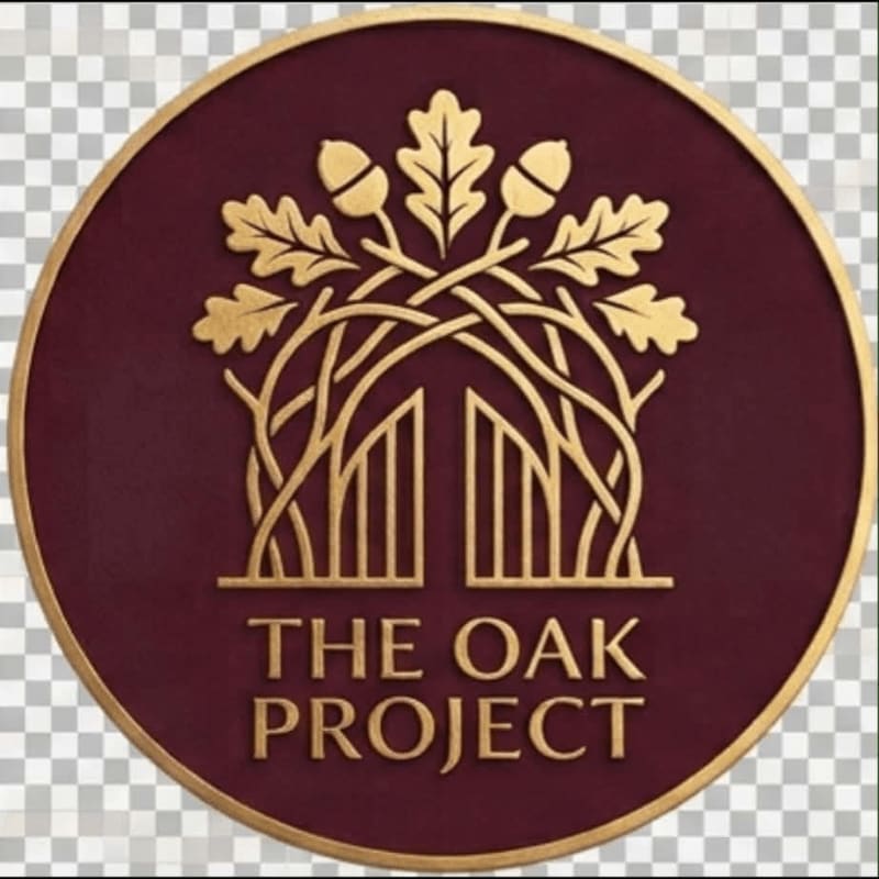 A circular emblem with a gold oak tree and acorns above the words "THE OAK PROJECT" is set against a transparent checkered background.