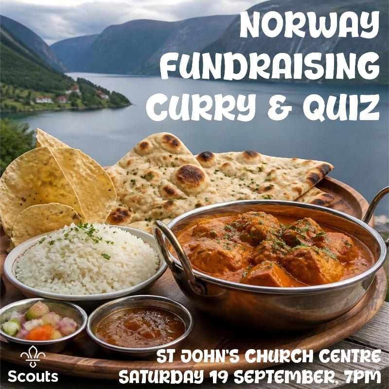 A delicious Indian curry with rice, naan, and poppadoms is presented in the foreground, set against a breathtaking Norwegian fjord landscape in the background, advertising a "Norway Fundraising Curry & Quiz."