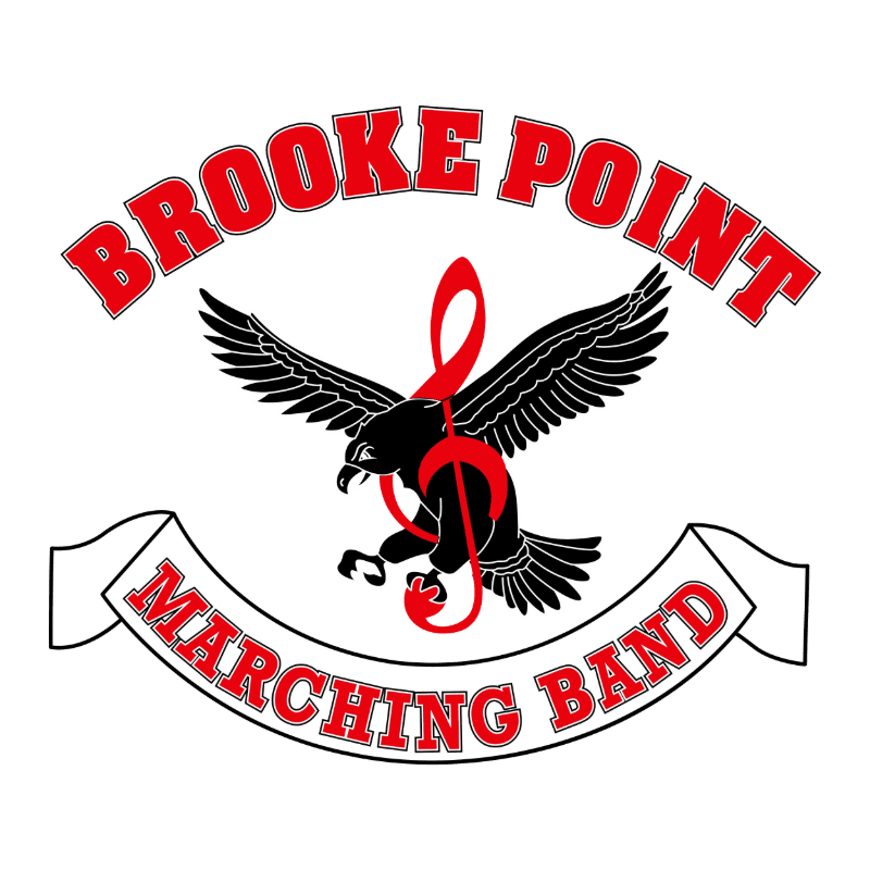 A black eagle with outstretched wings is superimposed on a red treble clef, with "BROOKE POINT" arched above in red letters and "MARCHING BAND" on a white banner below, all against a white background.