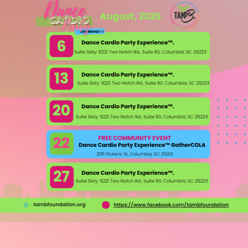 A pink and green flyer lists August 2026 Dance Cardio Party Experience events with dates, locations, and contact information against a blurred city skyline background.