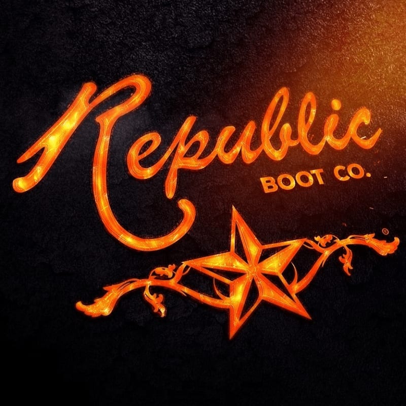 A fiery "Republic Boot Co." logo with a star emblem is set against a dark, textured background with glowing orange accents.