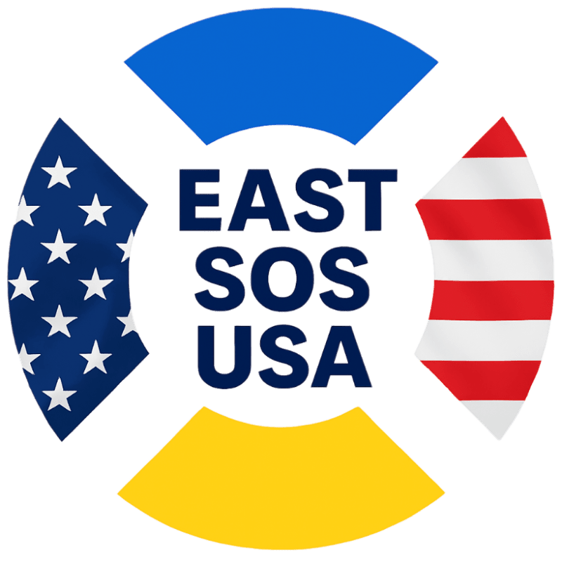 A white background frames a circular logo with the text "EAST SOS USA" in the center, surrounded by segments resembling the Ukrainian and American flags.