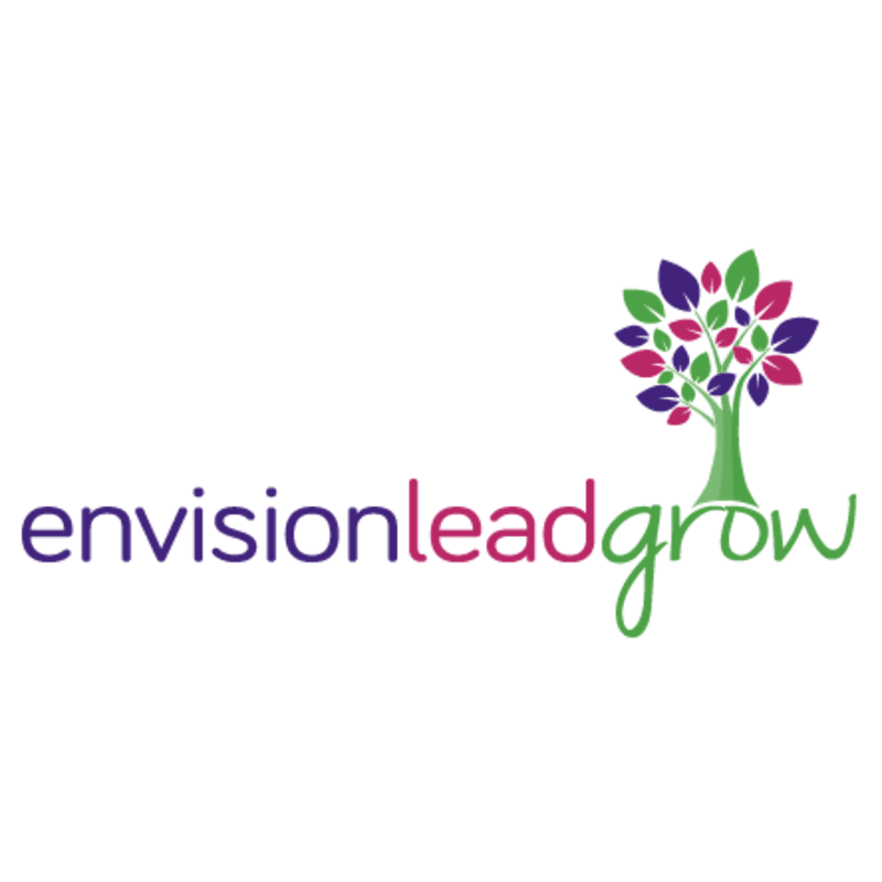 A colorful tree with purple, pink, and green leaves stands to the right of the text "envisionleadgrow" on a white background.