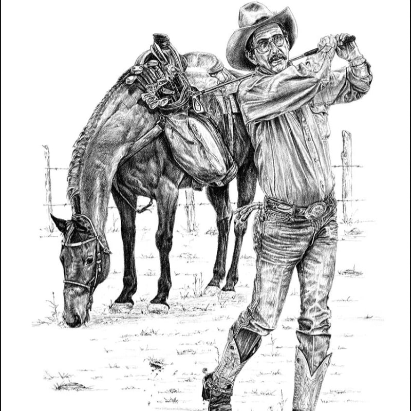 A cowboy in the foreground swings a golf club next to his horse, with a rustic fence in the background.