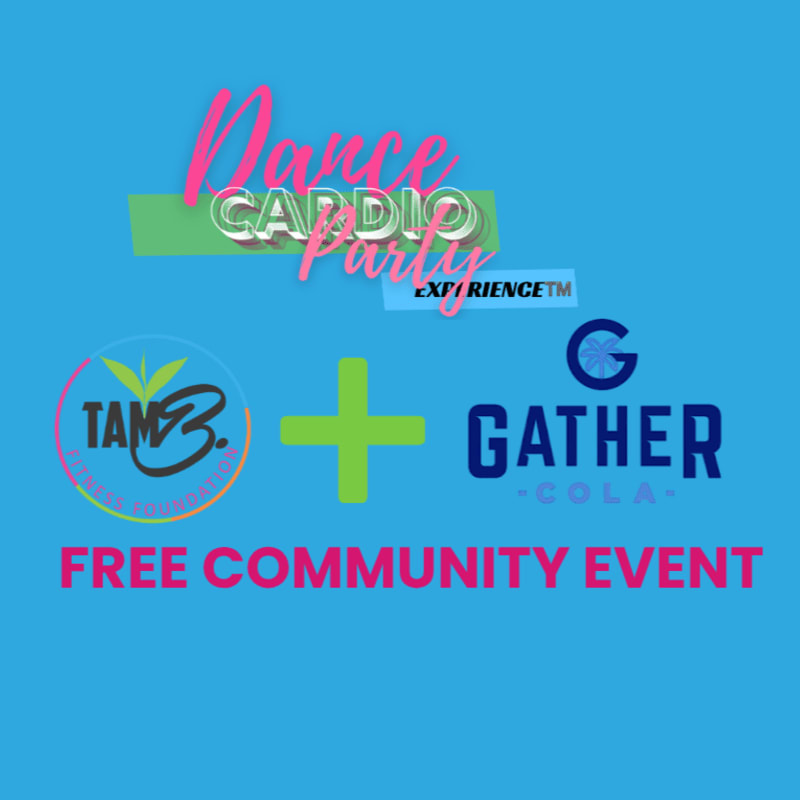 A bright blue background features the words "Dance Cardio Party" in large, colorful lettering at the top, with logos for "TAMB." and "GATHER COLA" flanking a green plus sign in the middle, all beneath the bold text "FREE COMMUNITY EVENT."