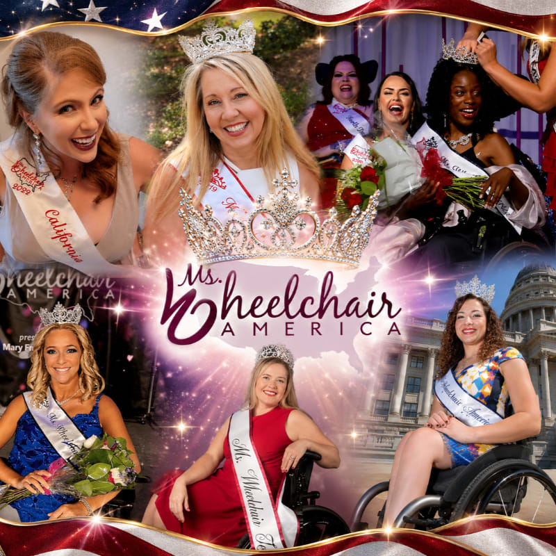 A collage of women in wheelchairs wearing crowns and sashes, with a patriotic American flag border and the "Ms. Wheelchair America" logo.