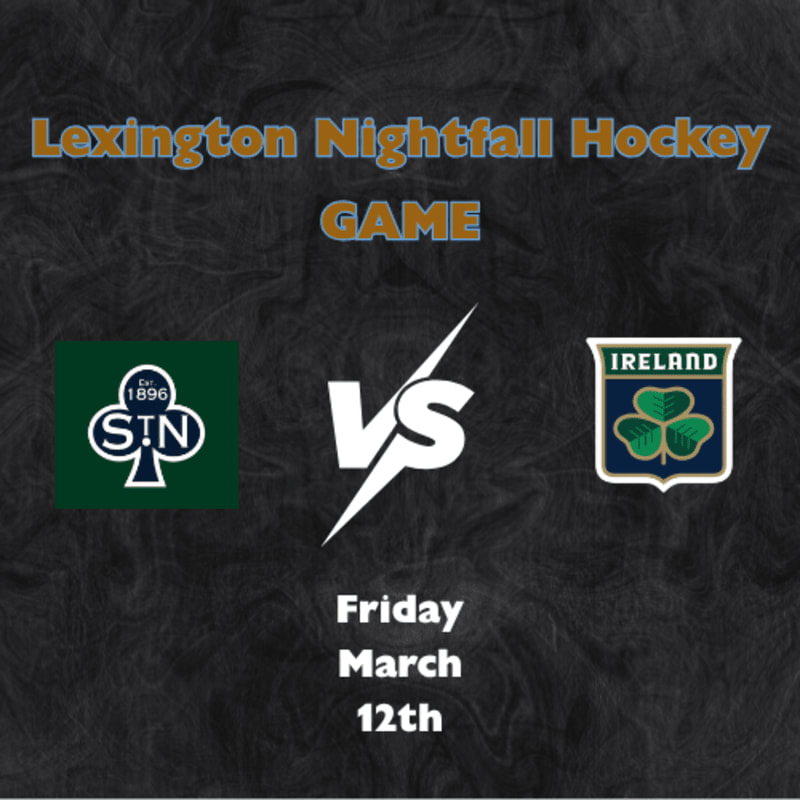 A Lexington Nightfall Hockey game is advertised with team logos and date on a textured dark background.