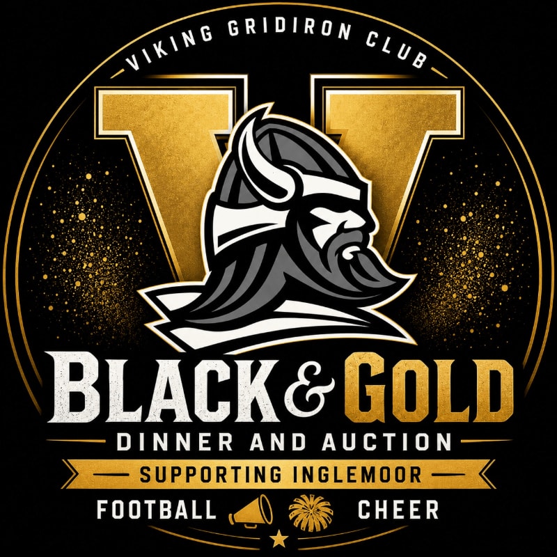 A black and gold logo for the Viking Gridiron Club's "Black & Gold Dinner and Auction" features a Viking mascot in the foreground against a dark background with gold speckles and a large "V".