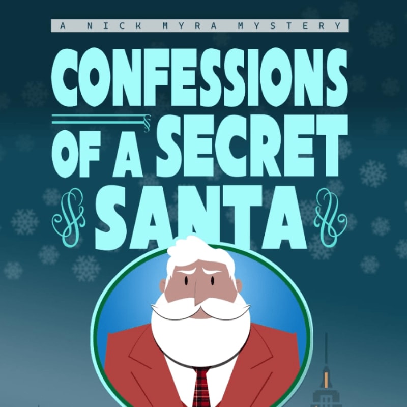 A stylized Santa Claus in a red suit and tie is featured in the foreground, set against a dark blue background with falling snowflakes and the title "CONFESSIONS OF A SECRET SANTA" in large, light blue letters.