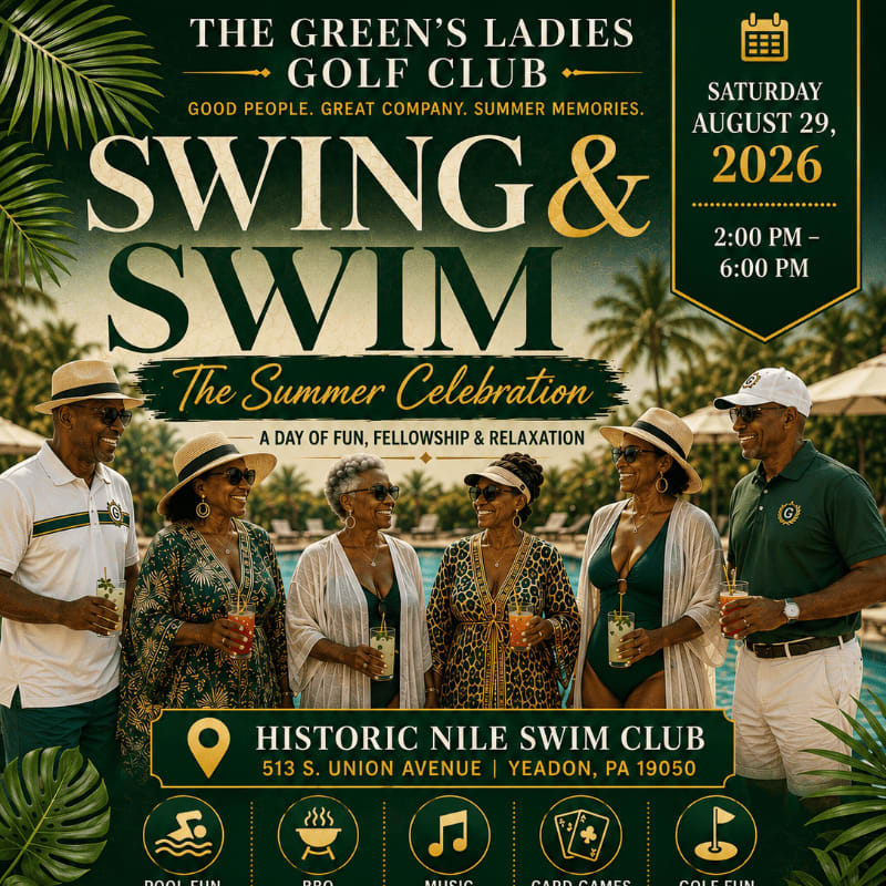 A group of six smiling seniors in summer attire stand by a pool with palm trees and lounge chairs in the background, advertising "The Green's Ladies Golf Club Swing & Swim" event.