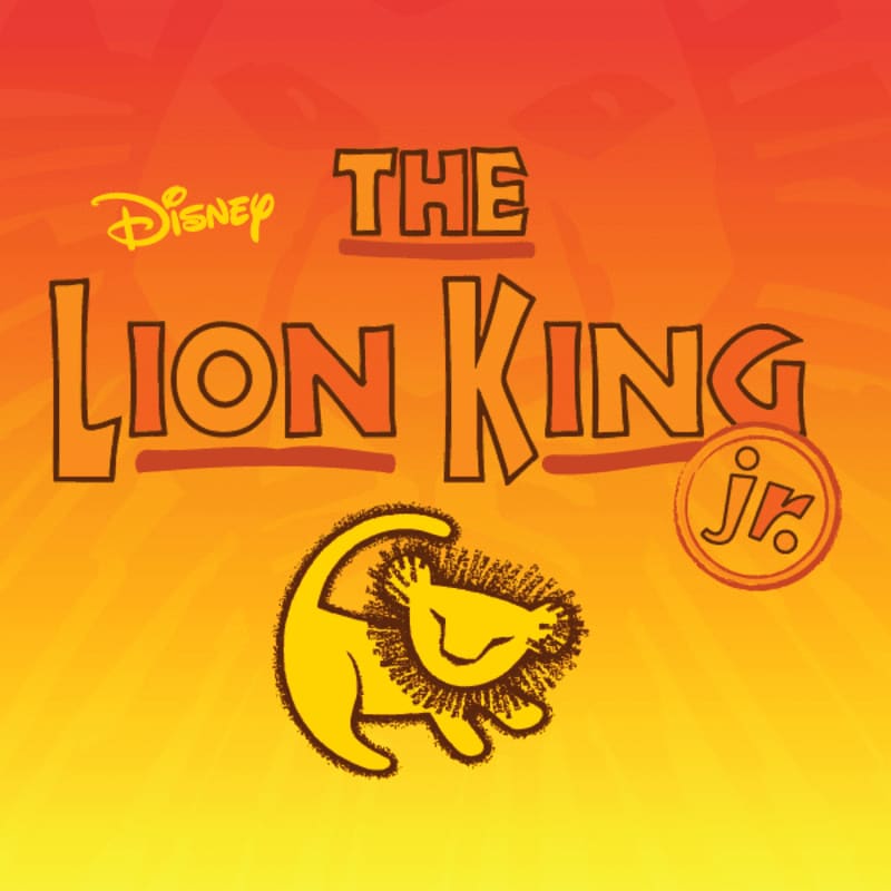 A stylized yellow lion cub with a mane stands in the foreground against a vibrant orange and yellow gradient background, with the "Disney The Lion King Jr." logo prominently displayed above.