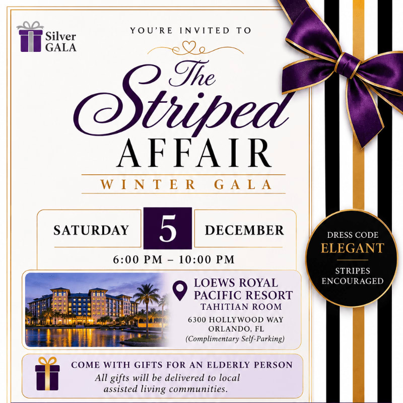 A purple ribbon and bow adorn the top right corner of an invitation for "The Striped Affair Winter Gala," which details event information against a background of vertical black, gold, and white stripes.