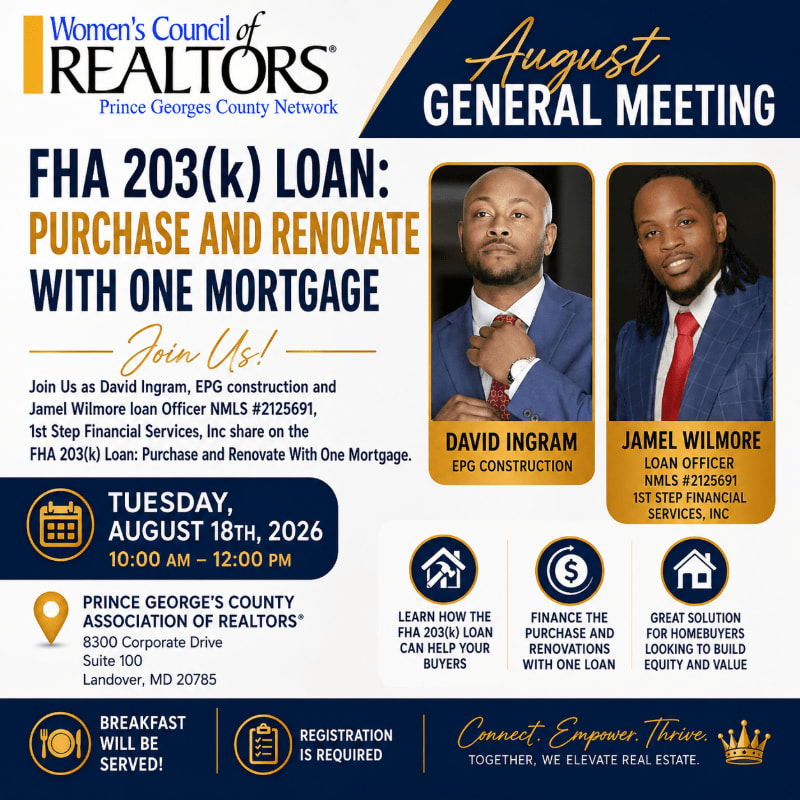 Two men are featured in the foreground of a flyer announcing an FHA 203(k) loan seminar, with the background detailing the event's date, time, location, and key takeaways.