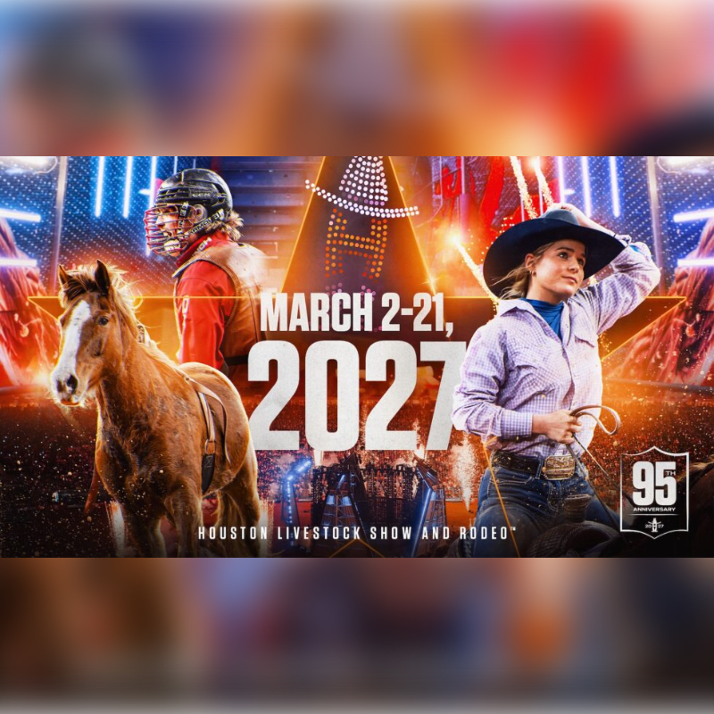 A young cowboy and a horse stand in the foreground against a backdrop of neon lights and rodeo imagery advertising the Houston Livestock Show and Rodeo.
