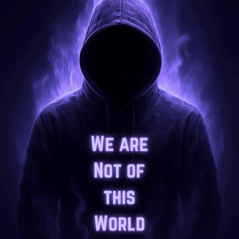 A shadowy figure in a hooded sweatshirt with the words "WE ARE NOT OF THIS WORLD" emblazoned on it is surrounded by an ethereal purple glow against a dark background.