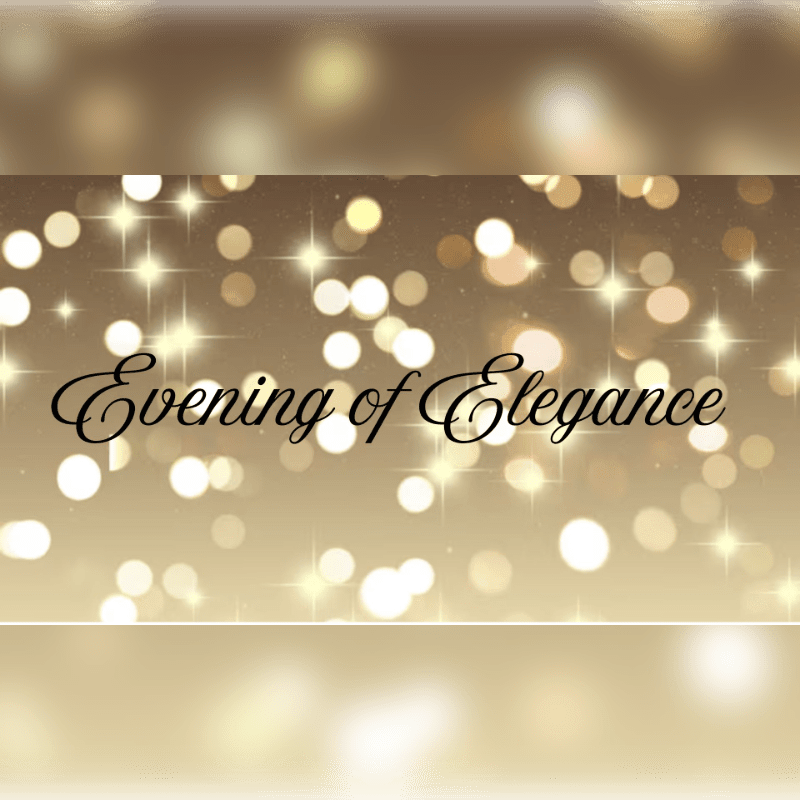 Golden bokeh lights sparkle in the background, with the elegant script "Evening of Elegance" centered in the foreground.