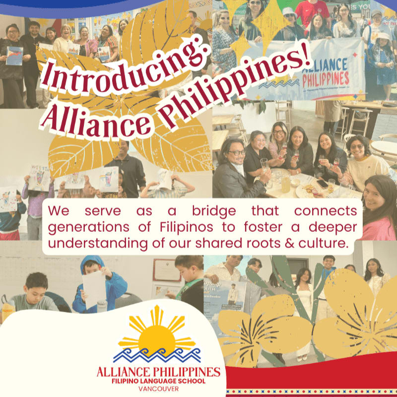 A collage of photos shows people of various ages participating in cultural activities, with the Alliance Philippines logo and mission statement prominently displayed.