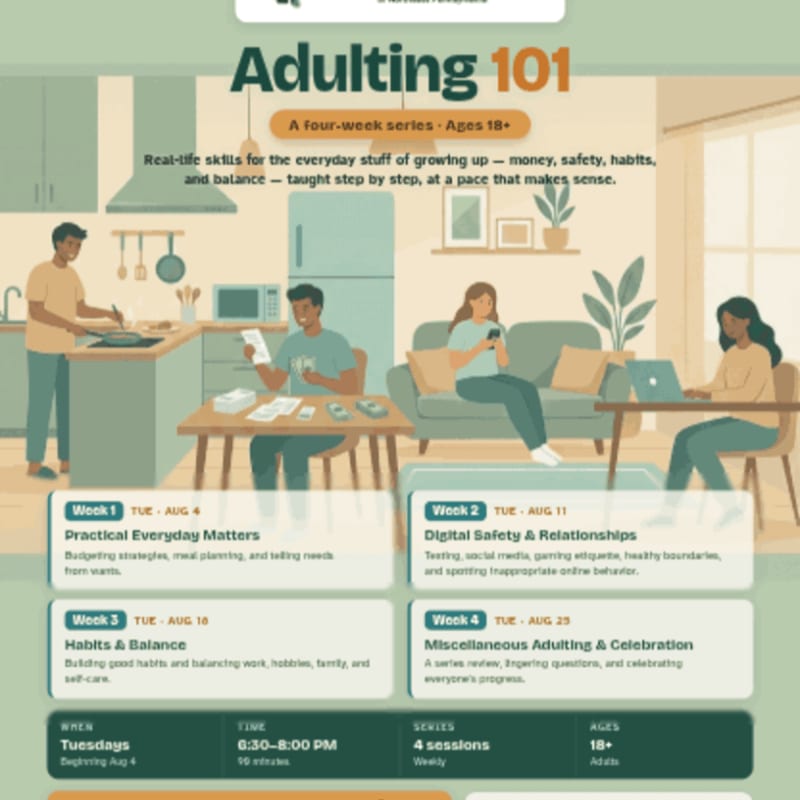 In the foreground, four distinct learning modules are presented, while the background features a stylized illustration of young adults engaged in various domestic and digital activities.