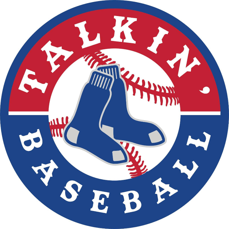 A pair of blue baseball socks with gray heels and toes rests in front of a baseball with red stitching, all within a circular logo that reads "TALKIN BASEBALL" in red and white lettering against a blue and red background.