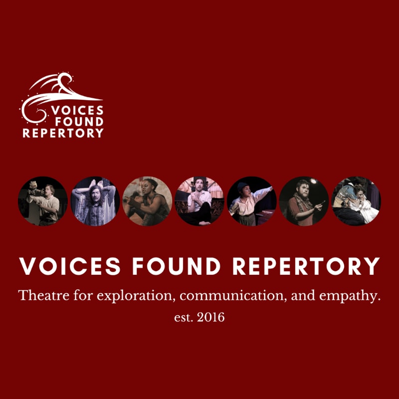 A dark red background frames the "Voices Found Repertory" logo and tagline in the foreground, with a row of circular portraits of performers above the text.