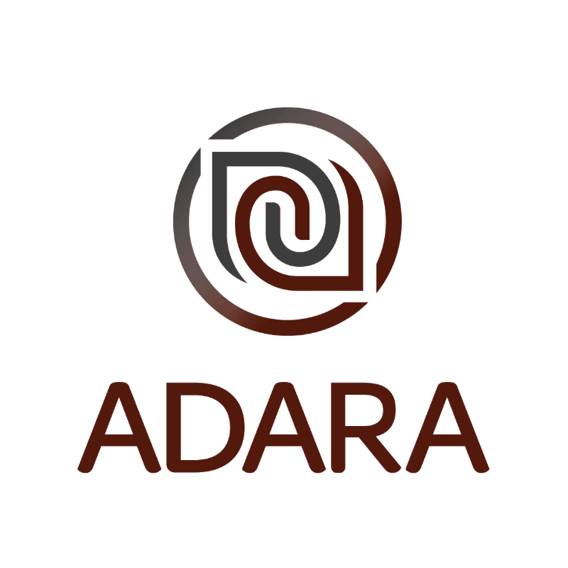 A circular logo with abstract brown and gray shapes is centered above the word "ADARA" in dark brown text, all on a white background.
