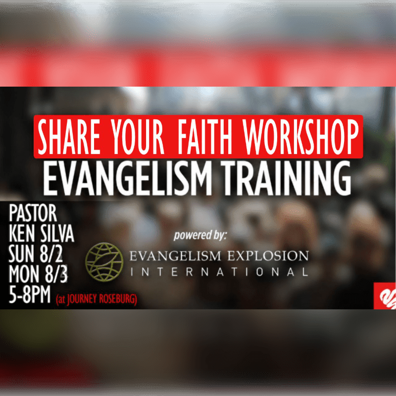 A workshop poster for "Share Your Faith" evangelism training, featuring Pastor Ken Silva and event details in the foreground, with a blurred background of people.