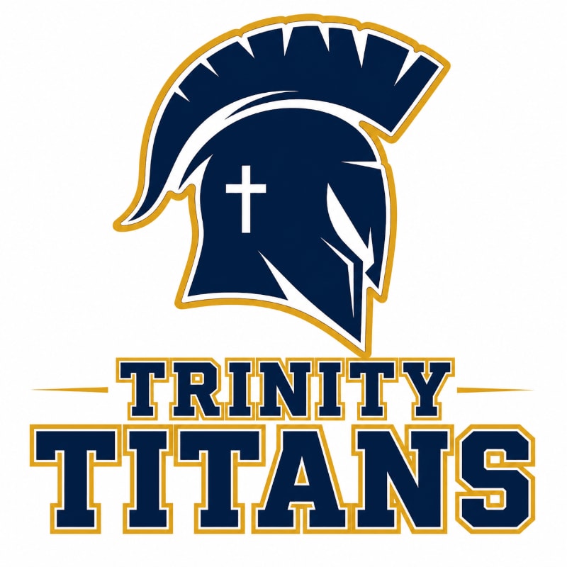 A navy blue Spartan helmet with a gold trim and a white cross is displayed above the words "TRINITY TITANS" in gold and navy blue lettering, all on a white background.