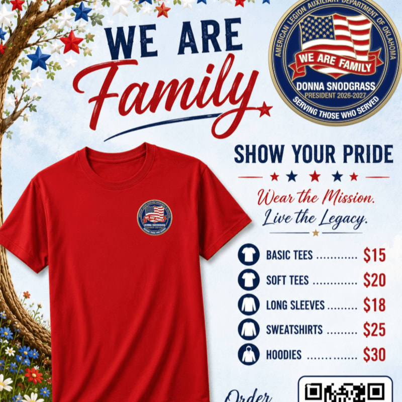 A red t-shirt with an American Legion logo is displayed in the foreground against a background of patriotic text and imagery.