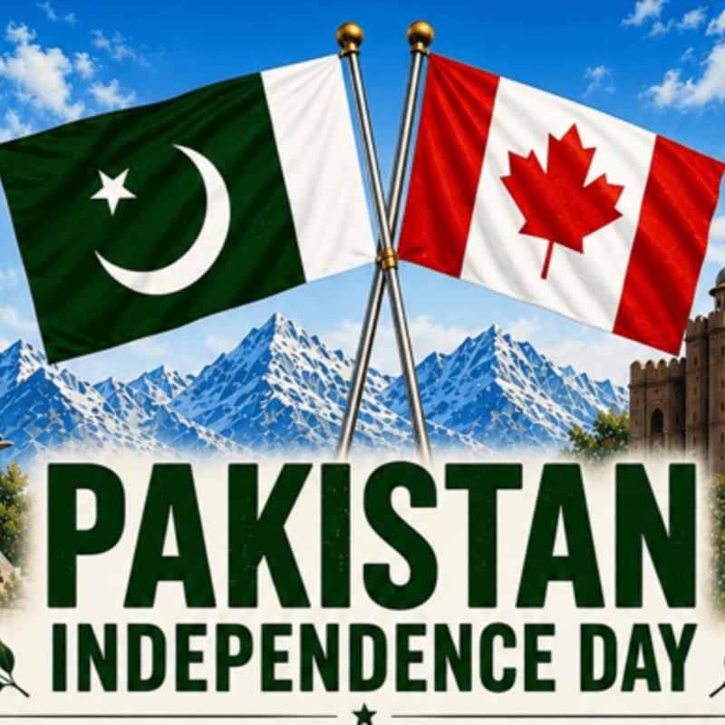 Two flags, Pakistan and Canada, are crossed in front of a mountainous landscape with a castle on the right, all under a blue sky with clouds, with the words "PAKISTAN INDEPENDENCE DAY" prominently displayed in the foreground.