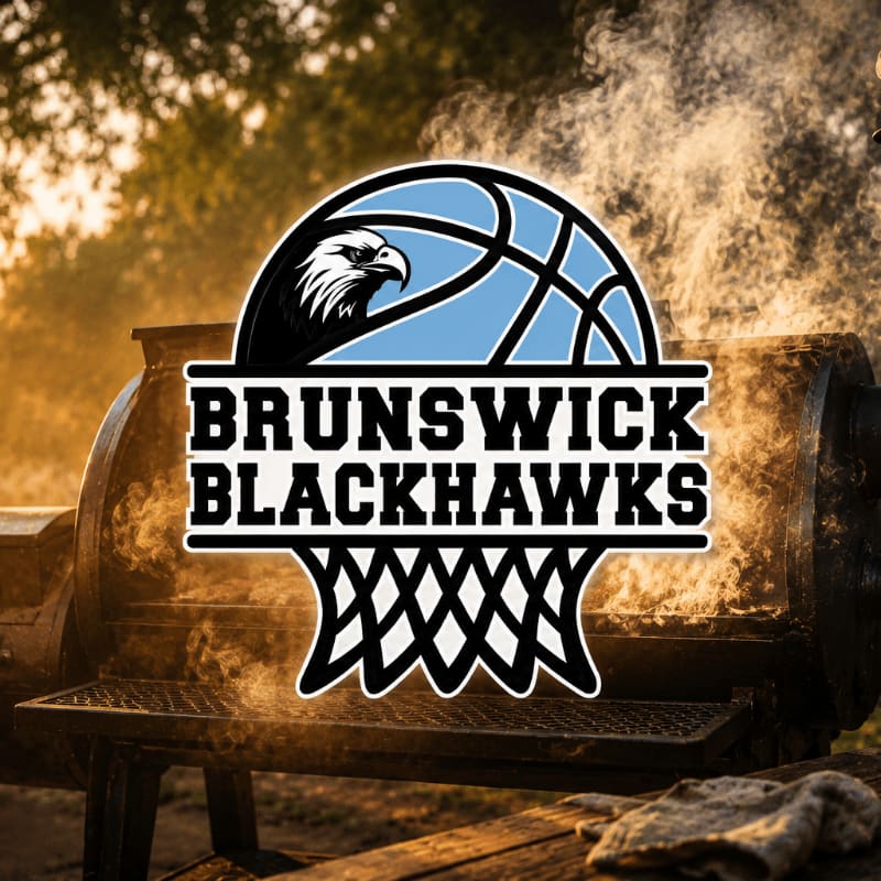 A Brunswick Blackhawks logo is superimposed over a smoking barbecue grill in the foreground, with a warm, sunlit forest in the background.