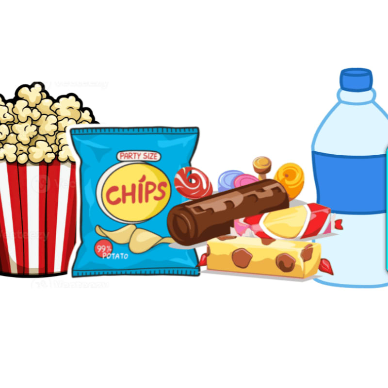 A bucket of popcorn and a bag of chips are in the foreground, with various candies and a bottle of water in the background.
