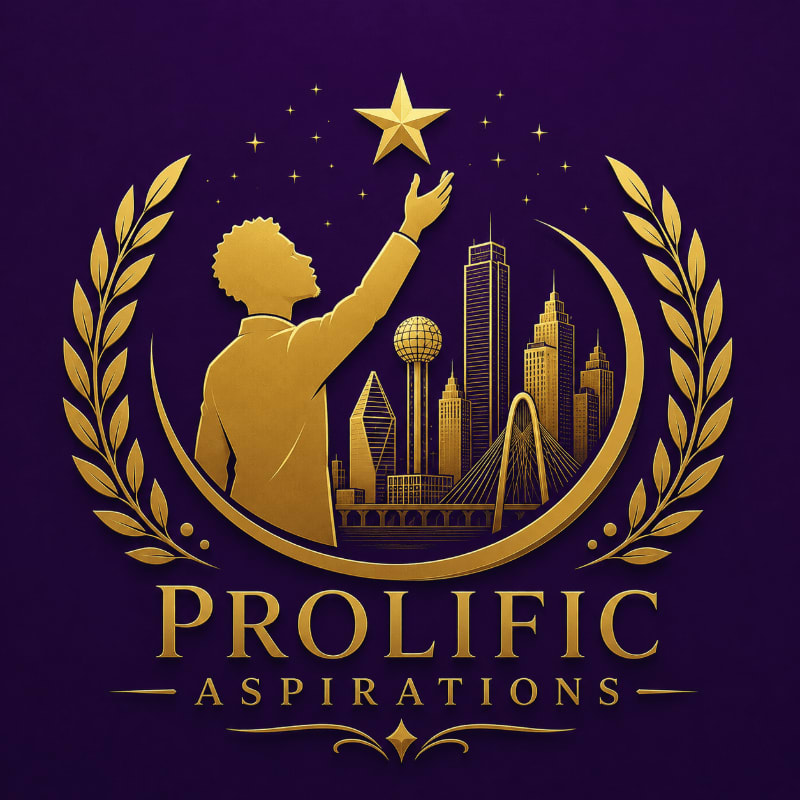 A golden silhouette of a person reaching for a star above a city skyline is framed by laurel wreaths, with "PROLIFIC ASPIRATIONS" written below.