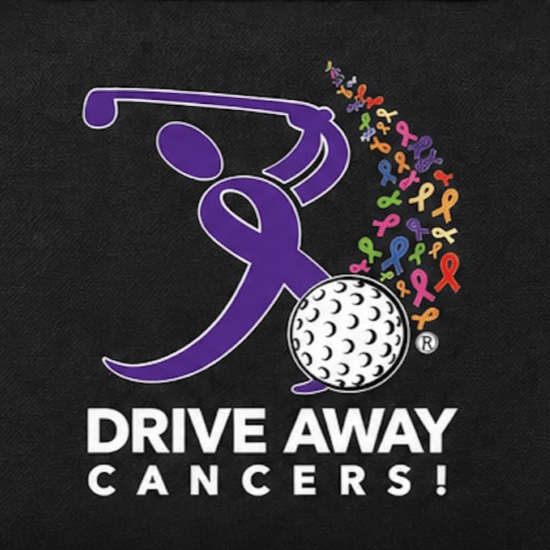A purple ribbon golfer swings at a golf ball, with colorful ribbons trailing behind, against a black background with the text "DRIVE AWAY CANCERS!".