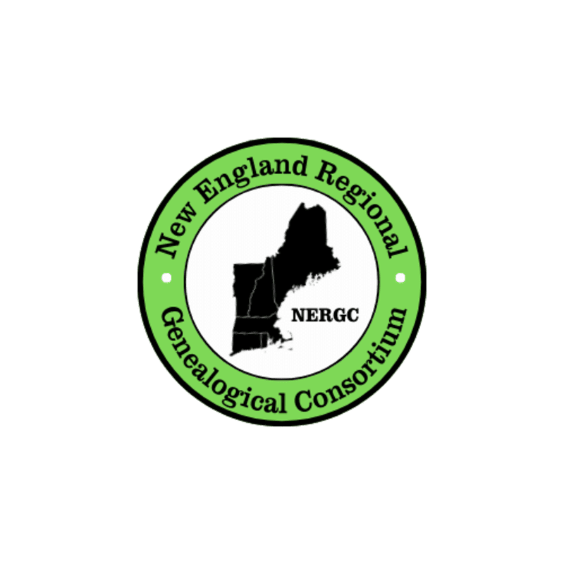 A black silhouette of New England is centered within a green circular logo that reads "New England Regional Genealogical Consortium" against a white background.