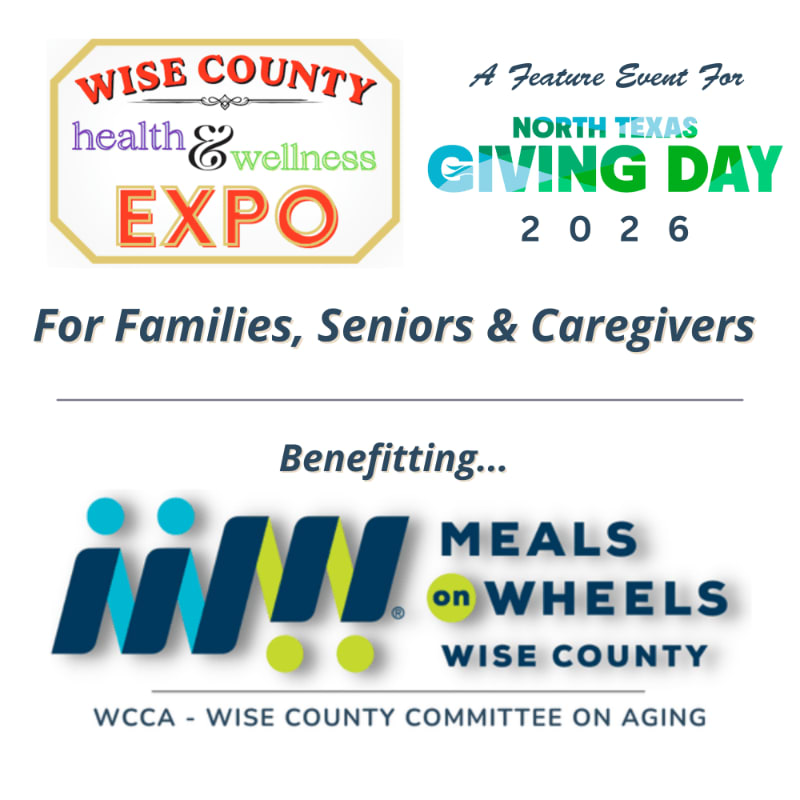 The foreground displays the "Wise County Health & Wellness Expo" logo and text indicating it benefits "Meals on Wheels Wise County," while the background features "A Feature Event For North Texas Giving Day 2026."